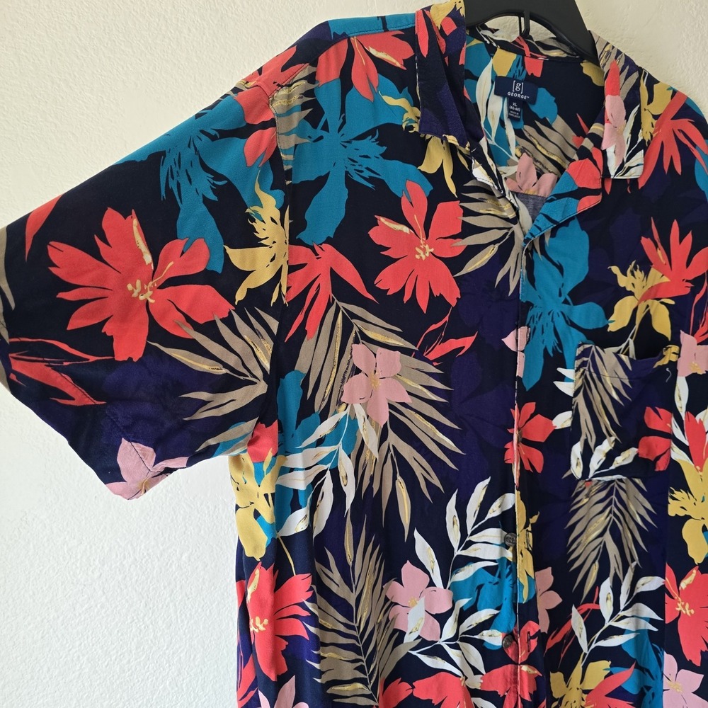 George Men's XL Hawaiian Shirt Tropical Short Sleeve Button Up Navy Blue Pink